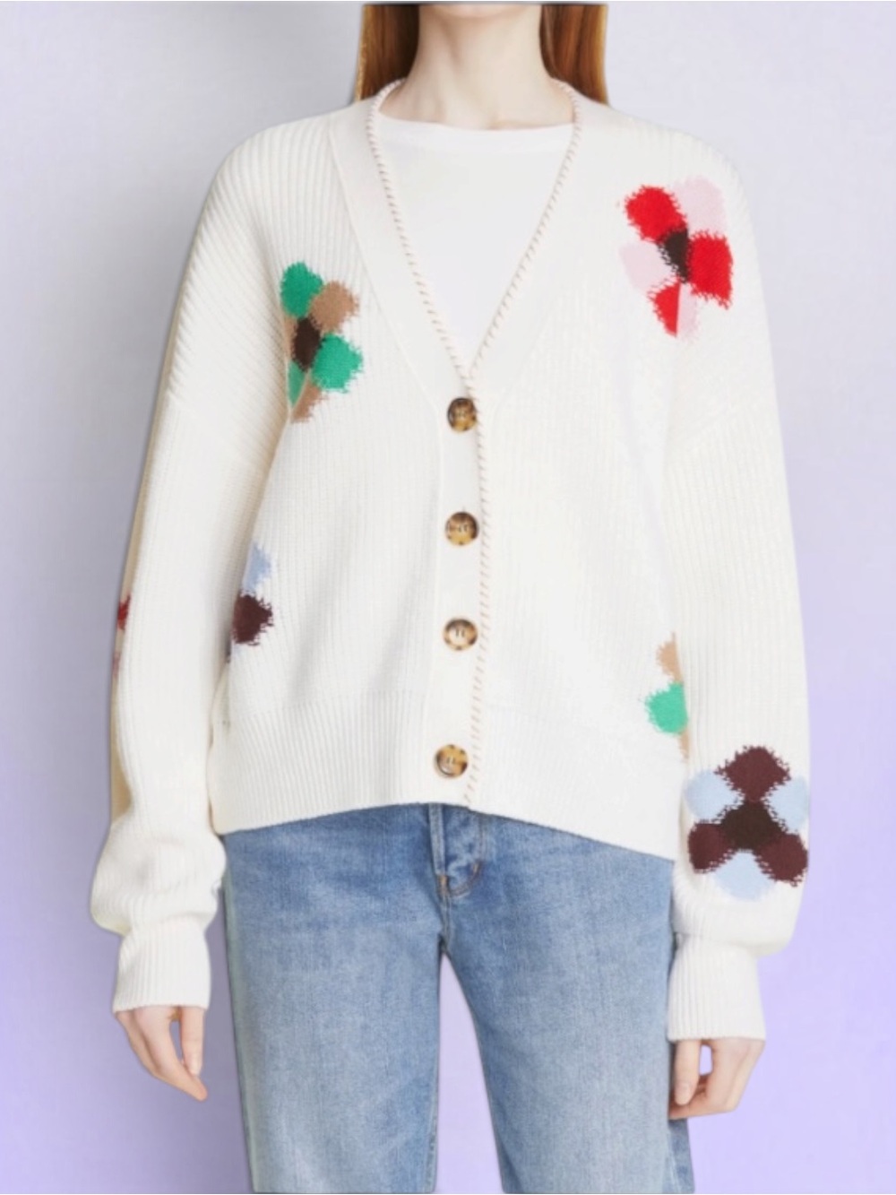LA LIGNE Intarsia Flower Cardigan Cream Multi Size X